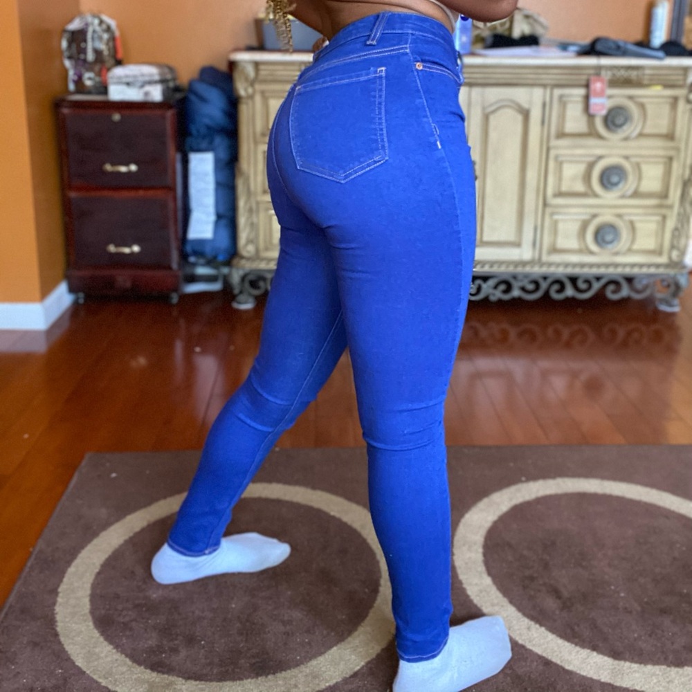 High-waisted blue-wash skinny jeans